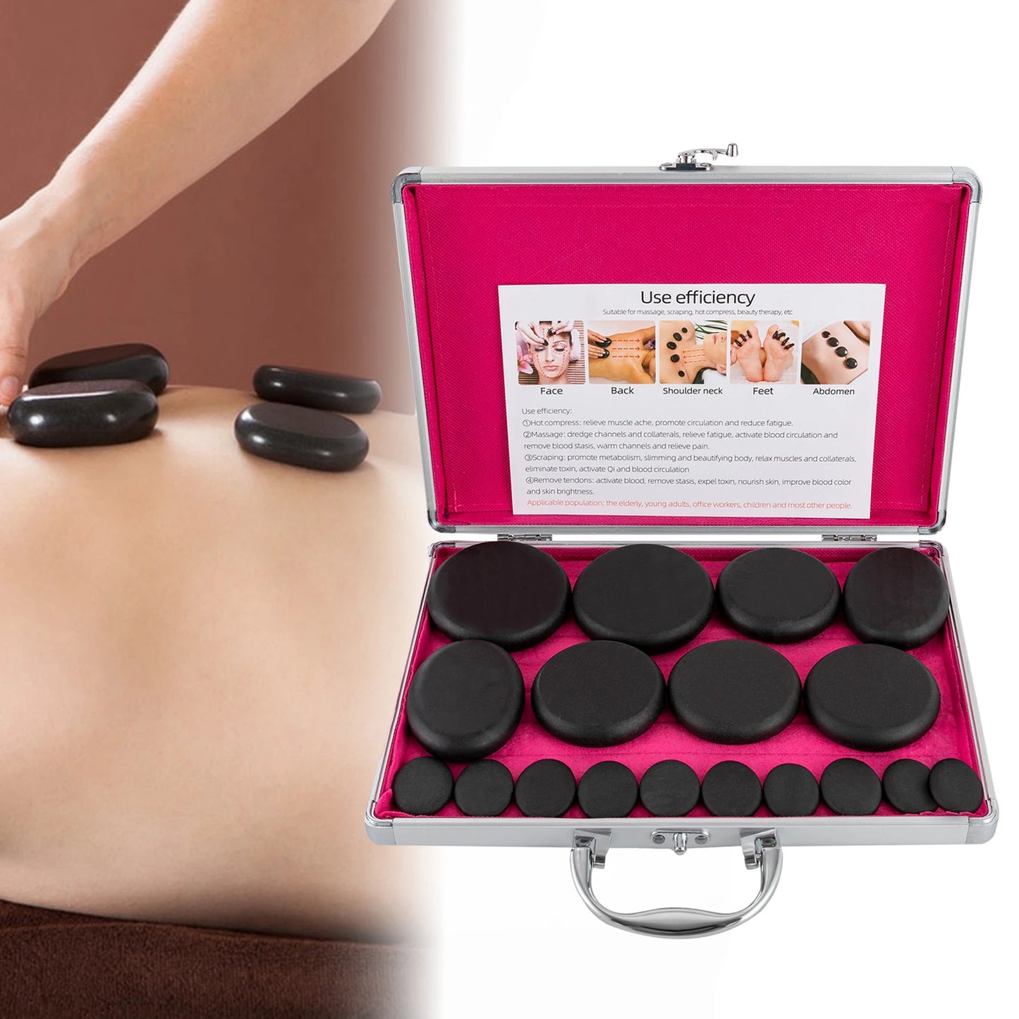 PC Hot Stones Massage Set with Heater Box 16 Essential Massage Stones Porta