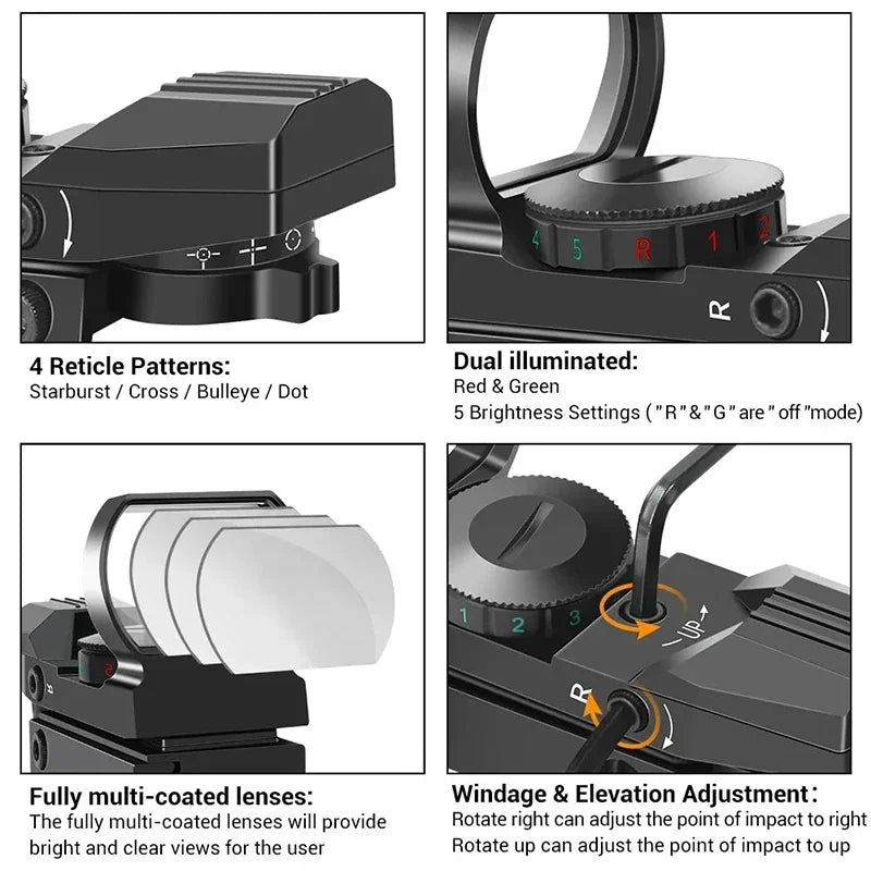 Hunting Reflex Sight Red Green 4 Reticle Holographic Projected Red Dot Sight Tactical Airgun Scope 11/20mm Rail  Rifle Airsof