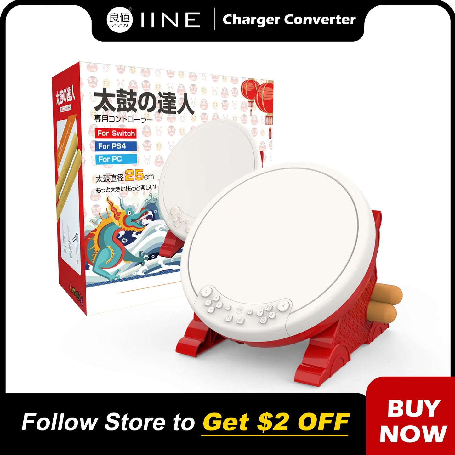 IINE Taiko Drum Master Compatible Nintendo Switch/Lite/OLED