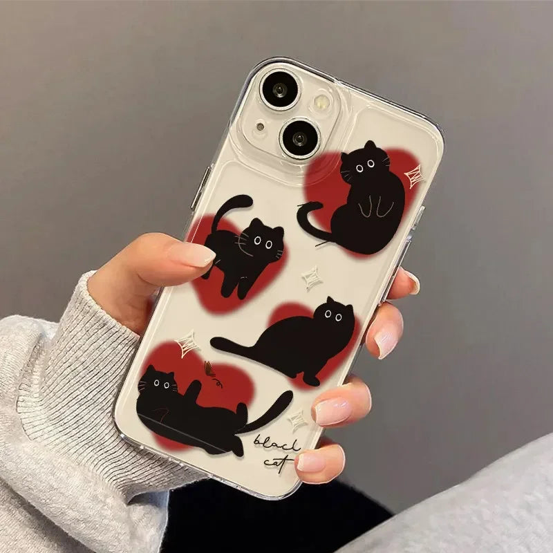 PC Ins Lovely Love Heart Black Cat Phone Case  Xiaomi Poco X6 X5 X3 F5 F6 M6 Pro 4G Mi 11 Lite 5G 13T 13 12T 12 14 14T Pro Cover