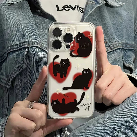 PC Ins Lovely Love Heart Black Cat Phone Case  Xiaomi Poco X6 X5 X3 F5 F6 M6 Pro 4G Mi 11 Lite 5G 13T 13 12T 12 14 14T Pro Cover