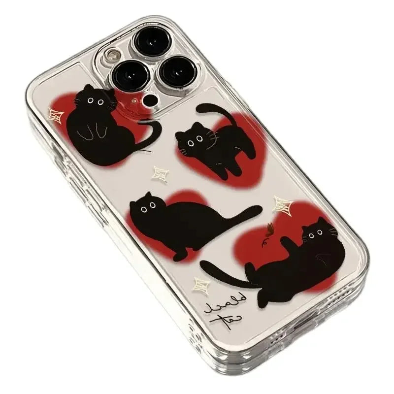 PC Ins Lovely Love Heart Black Cat Phone Case  Xiaomi Redmi 14C 13C Redmi Note 14 13 12 Pro Plus 5G 12S 11S 11 10S 10 4G Cover