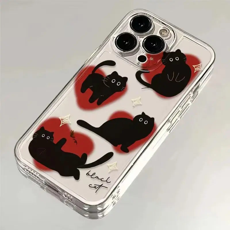 PC Ins Lovely Love Heart Black Cat Phone Case  Xiaomi Redmi 14C 13C Redmi Note 14 13 12 Pro Plus 5G 12S 11S 11 10S 10 4G Cover