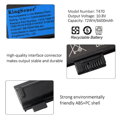 PC KingSener 10.8V 6600mAh Laptop Battery  Lenovo ThinkPad T470 T480 T570 T580 P51S P52S 01AV427 01AV428 01AV423 SB10K97580 61++