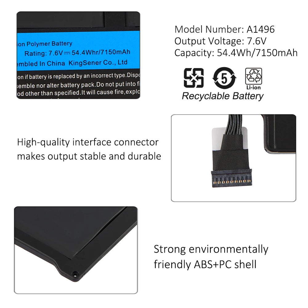 PC KingSener New Laptop Battery A1496 For Apple MacBook Air 13" A1466 2012/2013/2014/2015/2017 MD760LL/A MD761CH/A 7.6V 7150mAh