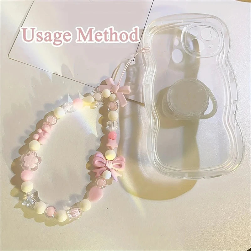 PC Korean Cute Charm Bear Love Heart Bowknot Phone Chains For iPhone Women Girls Jewelry Strap Beaded Lanyard Hanging Cord Bracelet