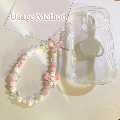 PC Korean Cute Charm Bear Love Heart Bowknot Phone Chains For iPhone Women Girls Jewelry Strap Beaded Lanyard Hanging Cord Bracelet