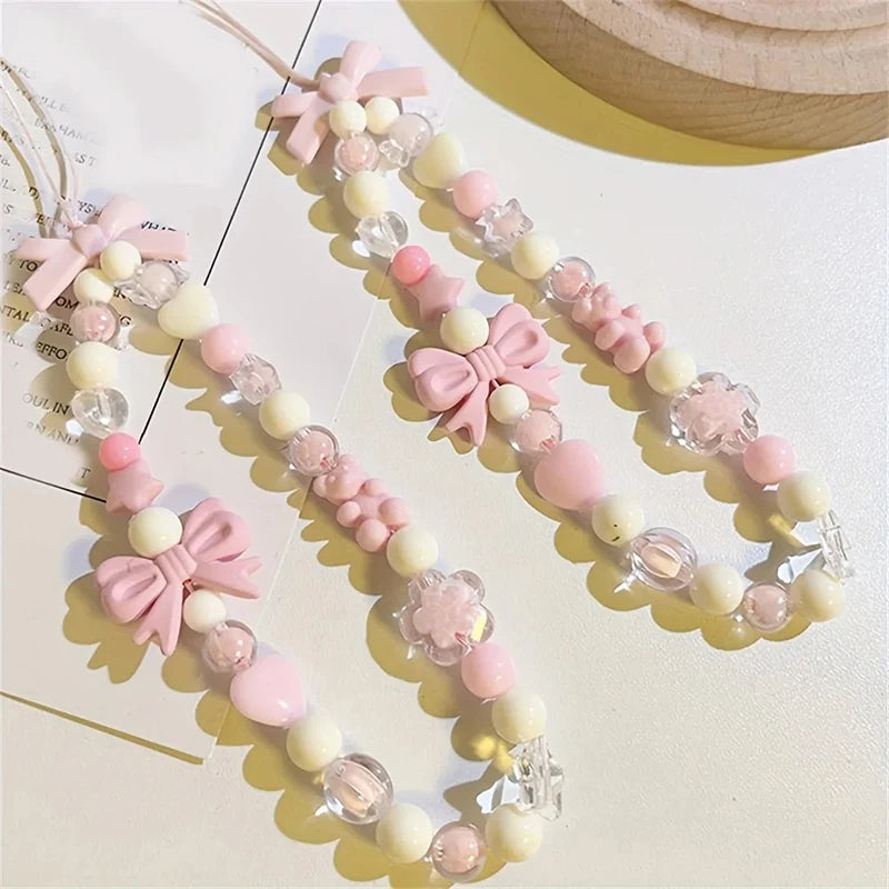 PC Korean Cute Charm Bear Love Heart Bowknot Phone Chains For iPhone Women Girls Jewelry Strap Beaded Lanyard Hanging Cord Bracelet