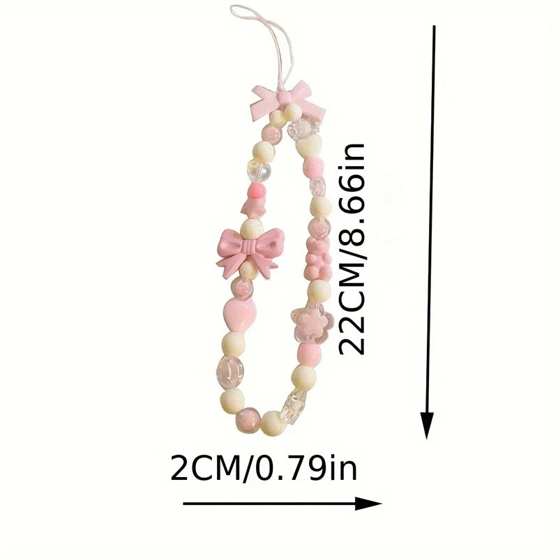 PC Korean Cute Charm Bear Love Heart Bowknot Phone Chains For iPhone Women Girls Jewelry Strap Beaded Lanyard Hanging Cord Bracelet