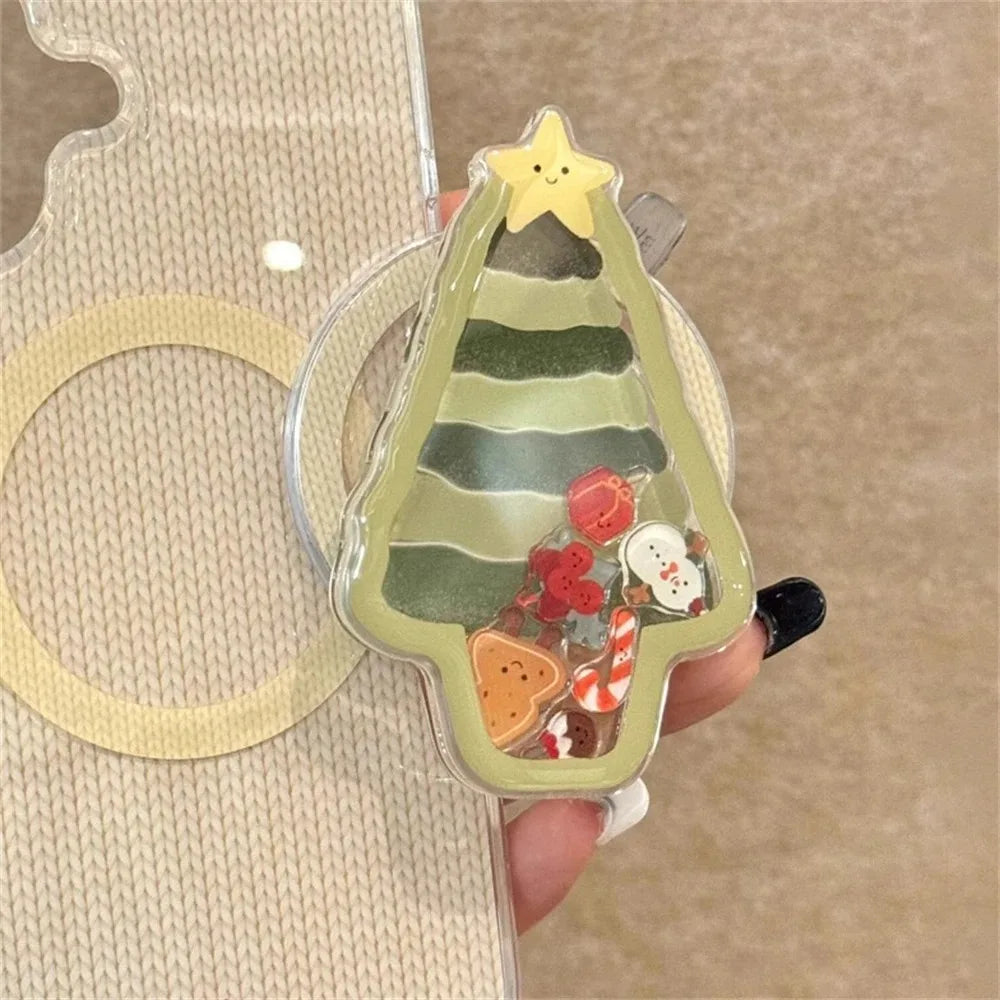 PC Korean Cute Christmas Tree Shake For Magsafe Griptok Holder Finger Ring Stand Support For iPhone 16 Pro Phone Case Girl Bracket