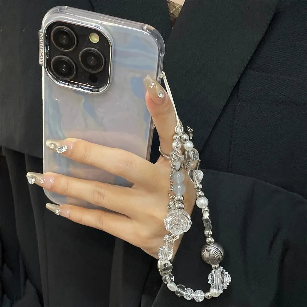 PC Korean Cute Flower Heart Bow Beaded Phone Chain Charm Lanyard For iPhone 16 15 14 Samsung Universal Accessories Jewelry Pendant