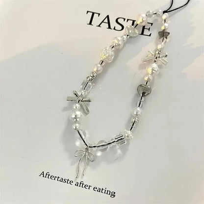 PC Korean Cute Ribbon Bowknot Love Heart Phone Chain Charm Lanyard For iPhone Samsung Huawei Universal Accessories Jewelry Pendant