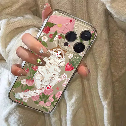 PC Korean Painted Cat Strawberry Cake Rose Phone Case For iPhone 16 15 14 Pro Max 11 12 13 Mini X XS XR 7 8 Plus Transparent Cover