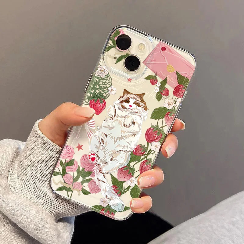 PC Korean Painted Cat Strawberry Cake Rose Phone Case For iPhone 16 15 14 Pro Max 11 12 13 Mini X XS XR 7 8 Plus Transparent Cover