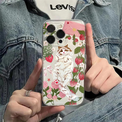 PC Korean Painted Cat Strawberry Cake Rose Phone Case For iPhone 16 15 14 Pro Max 11 12 13 Mini X XS XR 7 8 Plus Transparent Cover