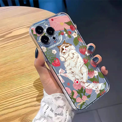 PC Korean Painted Cat Strawberry Cake Rose Phone Case For iPhone 16 15 14 Pro Max 11 12 13 Mini X XS XR 7 8 Plus Transparent Cover