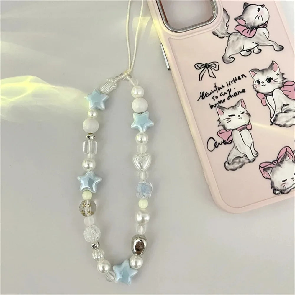 PC Korean Star Pearl Beaded Phone Chain Hanging Cord Phone Charms Phone Strap Summer Handmade Mobile Lanyard Jewelry Gift