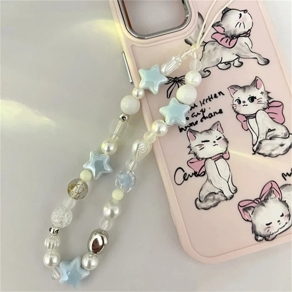 PC Korean Star Pearl Beaded Phone Chain Hanging Cord Phone Charms Phone Strap Summer Handmade Mobile Lanyard Jewelry Gift