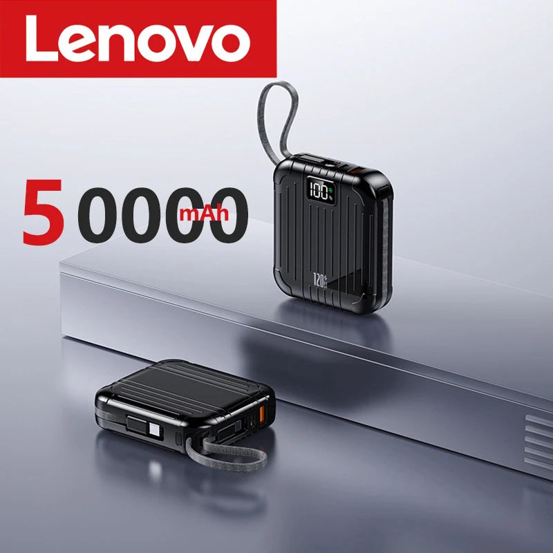 PC Lenovo 50000mAh Mini Portable Power Bank 120W Fast Charge Large Capacity Battery  2 Cables   iPhone Xiaomi Samsung 2024 New