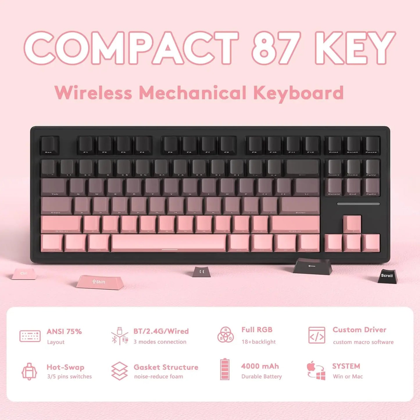 PCMAMBASNAKE x ATTACK SHARK M87 75% Wireless Gaming Keyboard, BT5/2.4G/Wire