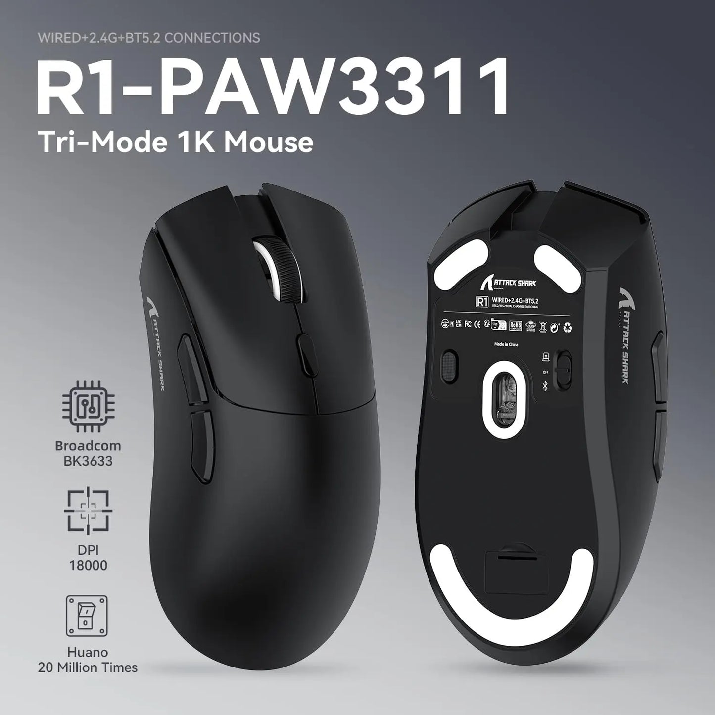 PCMAMBASNAKE x ATTACK SHARK R1 59g SUPERLIGHT Mouse, PixArt PAW3311 Gaming