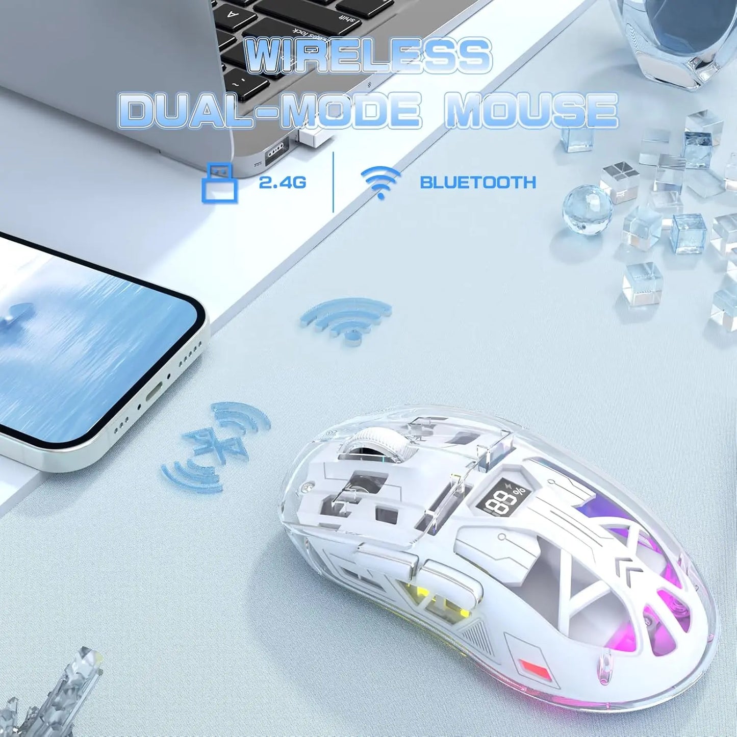 PCMAMBASNAKE x Freewolf A2 Transparent Wireless Gaming Mouse,Dual Mode BT 5