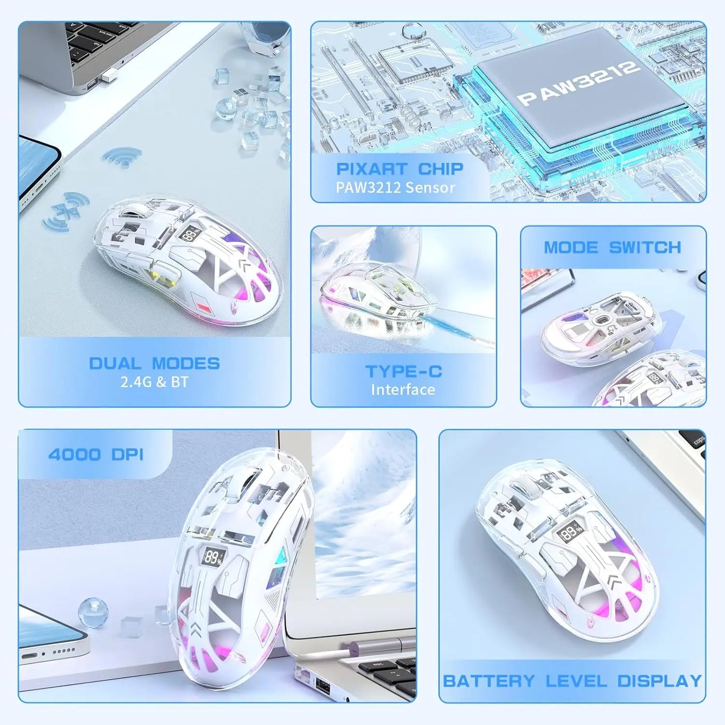 PCMAMBASNAKE x Freewolf A2 Transparent Wireless Gaming Mouse,Dual Mode BT 5