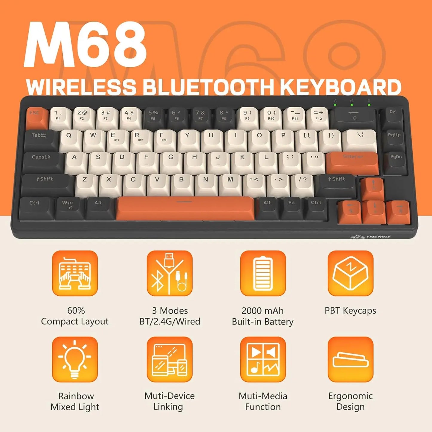 PCMAMBASNAKE x Freewolf M68 65% Wireless Gaming Keyboard,Bluetooth/2.4GHz/