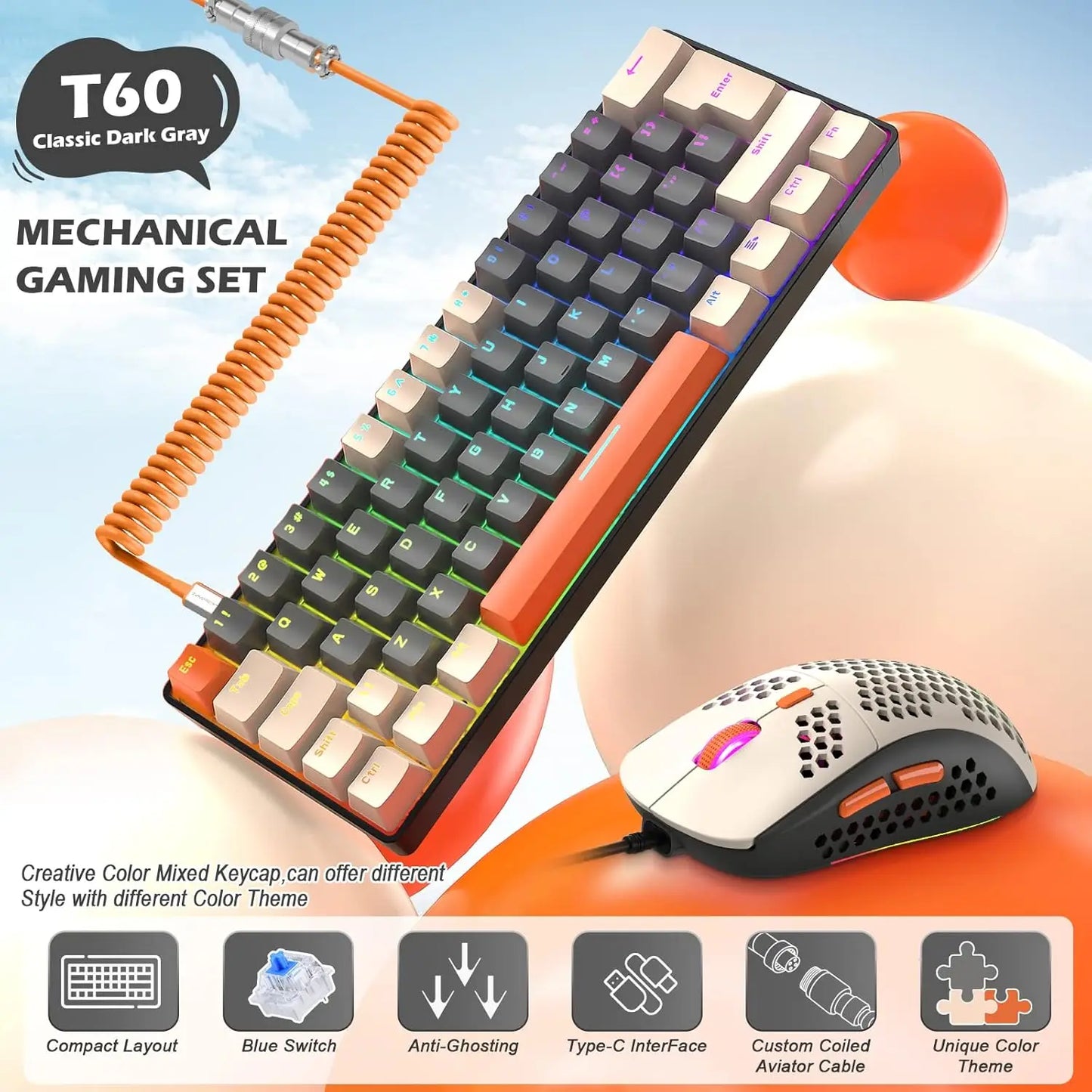 PCMAMBASNAKE x ZIYOU LANG T60PRO 60% Mechanical Keyboard and Mouse Combo+Co