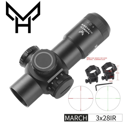 March Fixed Optic Short Riflescope H3x28IR Sight Green Red Rifle Scope  Hunting Sniper Airsoft Air Guns Red Dot With Mounts