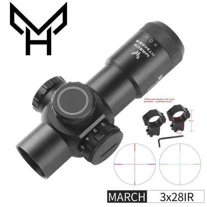 March Fixed Optic Short Riflescope H3x28IR Sight Green Red Rifle Scope  Hunting Sniper Airsoft Air Guns Red Dot With Mounts