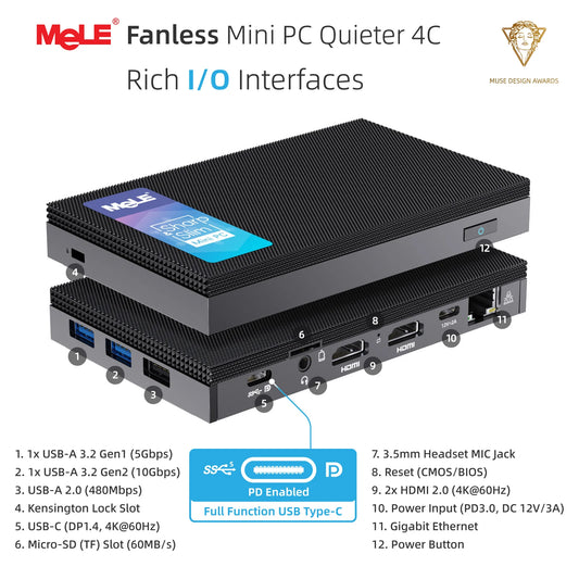 PCMeLE Fanless MINI PC N100 Desktop Computer LPDDR4x Windows11 8GB 16GB 512