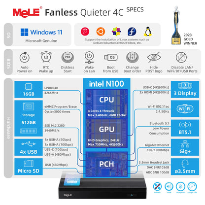 PCMeLE Fanless MINI PC N100 Desktop Computer LPDDR4x Windows11 8GB 16GB 512