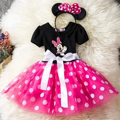 Mickey Minnie Mouse Cartoon Kids Short Sleeve Polka Dot Princess Dress Party Baby Girls Clothes Cosplay Costumes 1-6Y