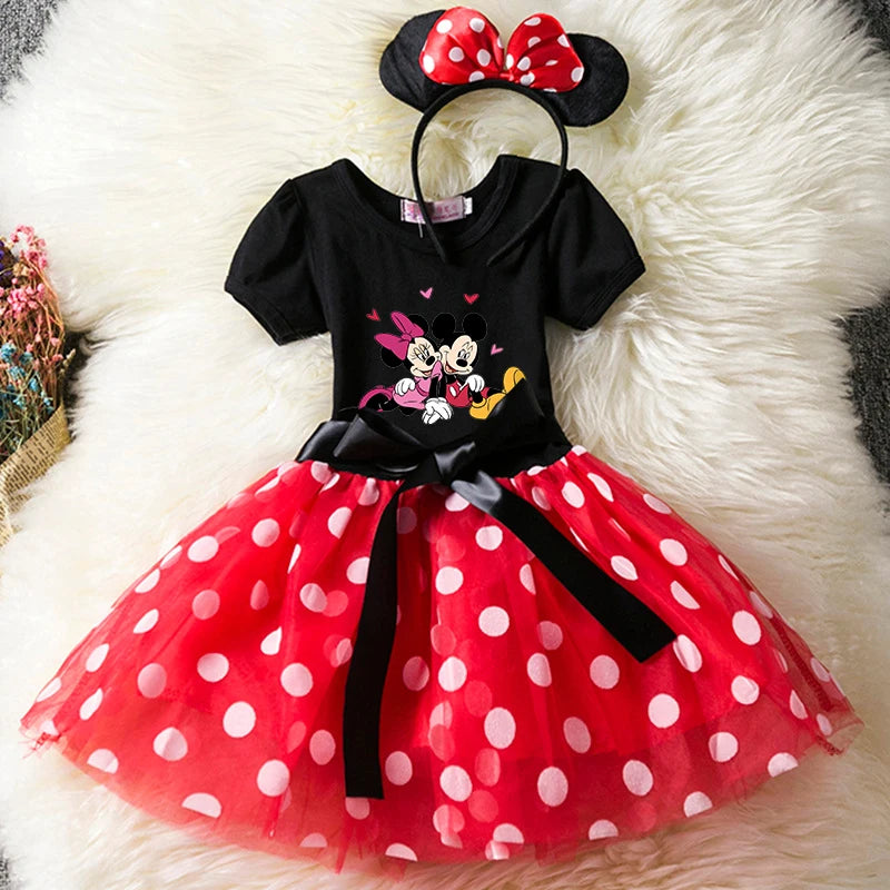 Mickey Minnie Mouse Cartoon Kids Short Sleeve Polka Dot Princess Dress Party Baby Girls Clothes Cosplay Costumes 1-6Y