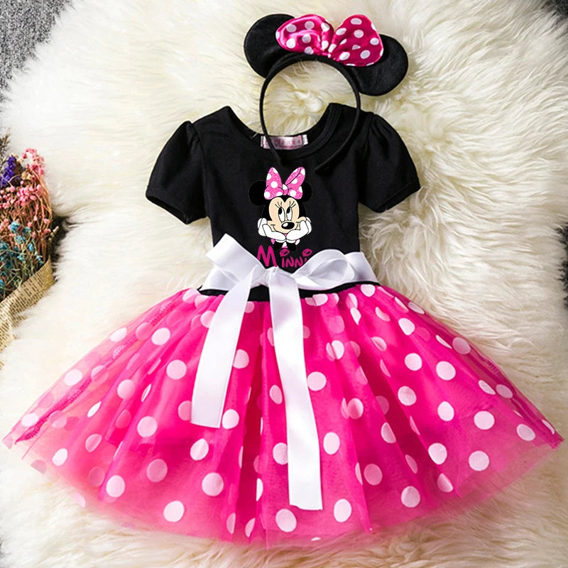 Mickey Minnie Mouse Cartoon Kids Short Sleeve Polka Dot Princess Dress Party Baby Girls Clothes Cosplay Costumes 1-6Y