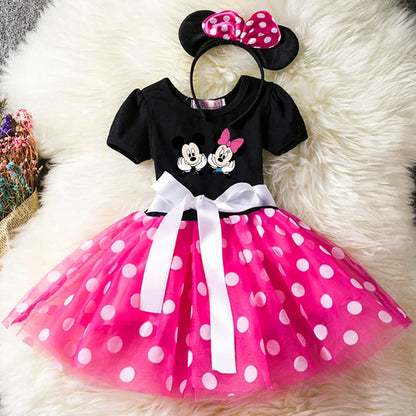 Mickey Minnie Mouse Cartoon Kids Short Sleeve Polka Dot Princess Dress Party Baby Girls Clothes Cosplay Costumes 1-6Y