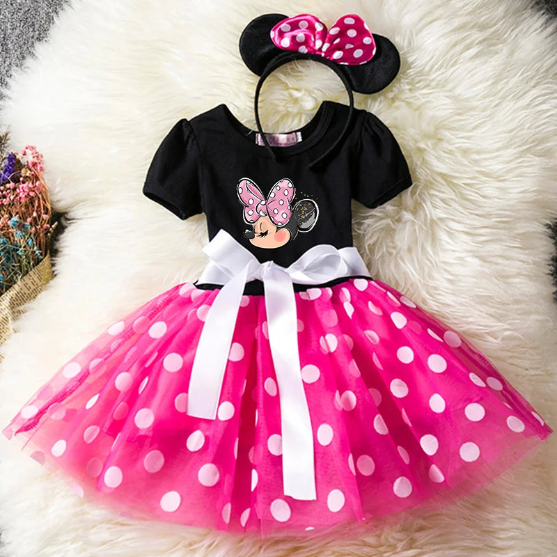 Mickey Minnie Mouse Cartoon Kids Short Sleeve Polka Dot Princess Dress Party Baby Girls Clothes Cosplay Costumes 1-6Y