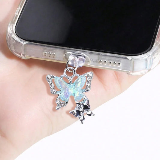 PC Mobile Phone Dust Plug Pendant New Butterfly With Artificial Pearls And Diamonds Accessory Decoration For iPhone Type-c Port