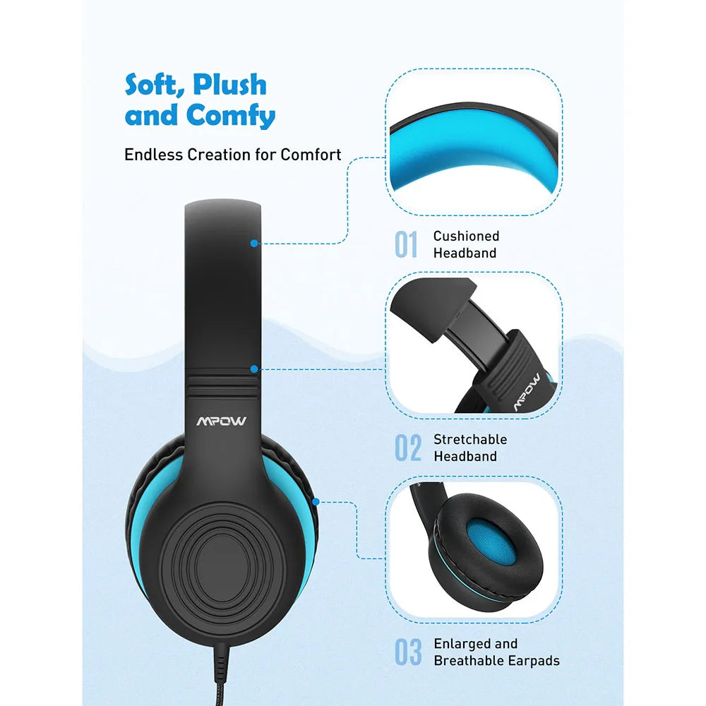 PCMpow CH6S Wired Headphones For Kids With Microphone Max 85dB Food Grade M