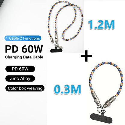 PC NADODO Fashion Phone Lanyard PD 60W Charging Cable Tpcy-c To C Zinc Alloy Lock Halter Neck Wrist  Mobile Phone Accessories