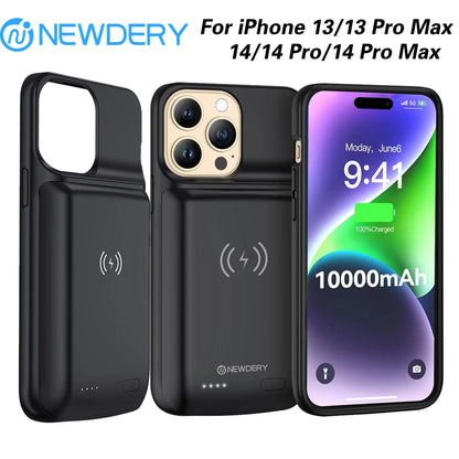 NEWDERY 10000mAh Battery Charger Case for iPhone 13/14/15 Pro Max Wireless Charging Power Bank Case Battery Pack for 12 Pro Max