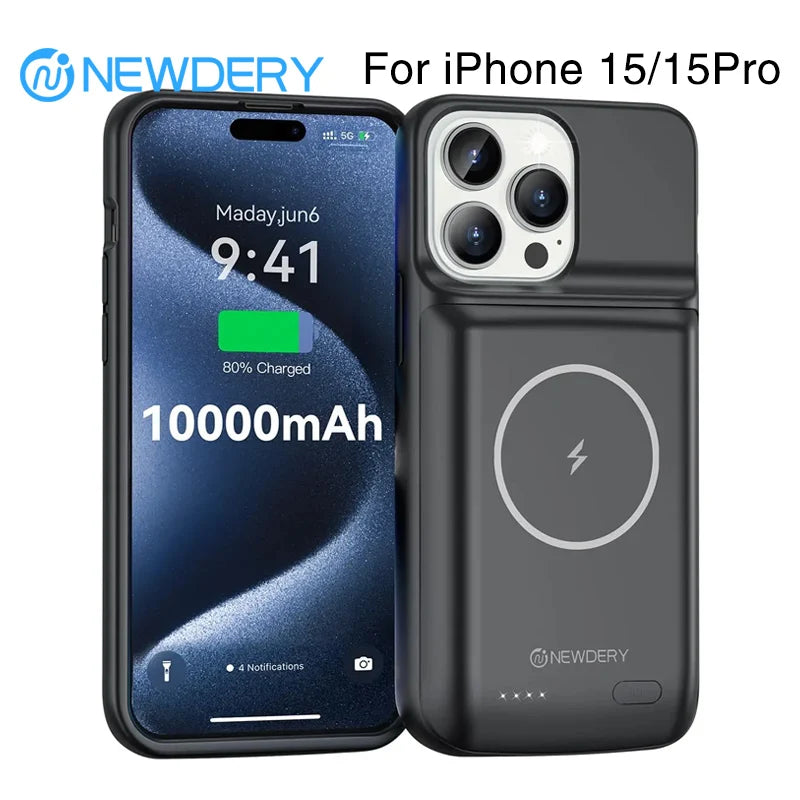 NEWDERY 10000mAh Battery Charger Case for iPhone 15/15 Pro Portable Power Bank Magnetic Wireless Charging Case Battery Pack