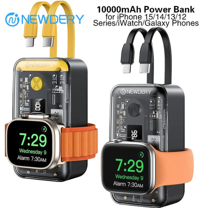 NEWDERY 10000mAh Battery Pack Portable Charger for Apple Watch/iPhone 16/15/14/13/12/Airpods/Galaxy Power Bank Built-in Cables