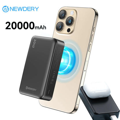 NEWDERY 20000mAh Magnetic Power Bank PD 20W Wireless Fast Charging for iPhone 15/14/13/12/Pro Max/Pro/Plus/Mini/ AirPods 3/2/Pro