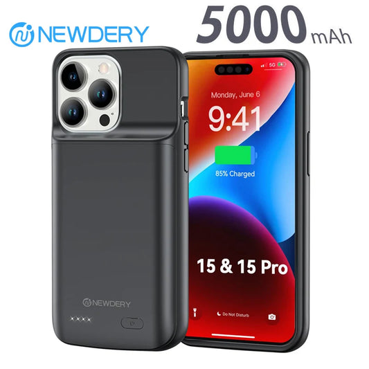 NEWDERY 5000mAh Battery Case for iPhone 15/iPhone 15 Pro Extended Battery Charger Case Battery Pack Charging Case Power Bank