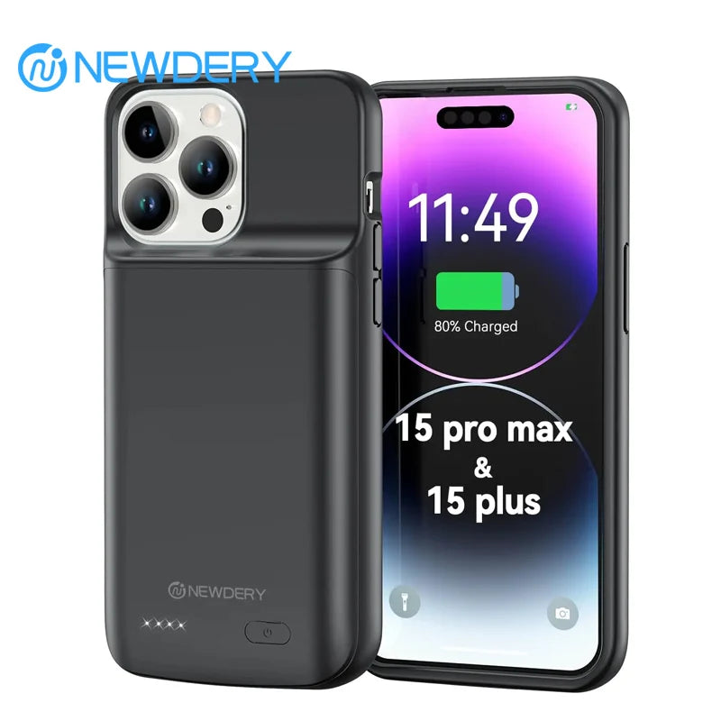 NEWDERY Battery Case for iPhone 15 Pro Max/iPhone 15 Plus Portable Rechargeable Extended Charger Case Battery Pack Charging Case