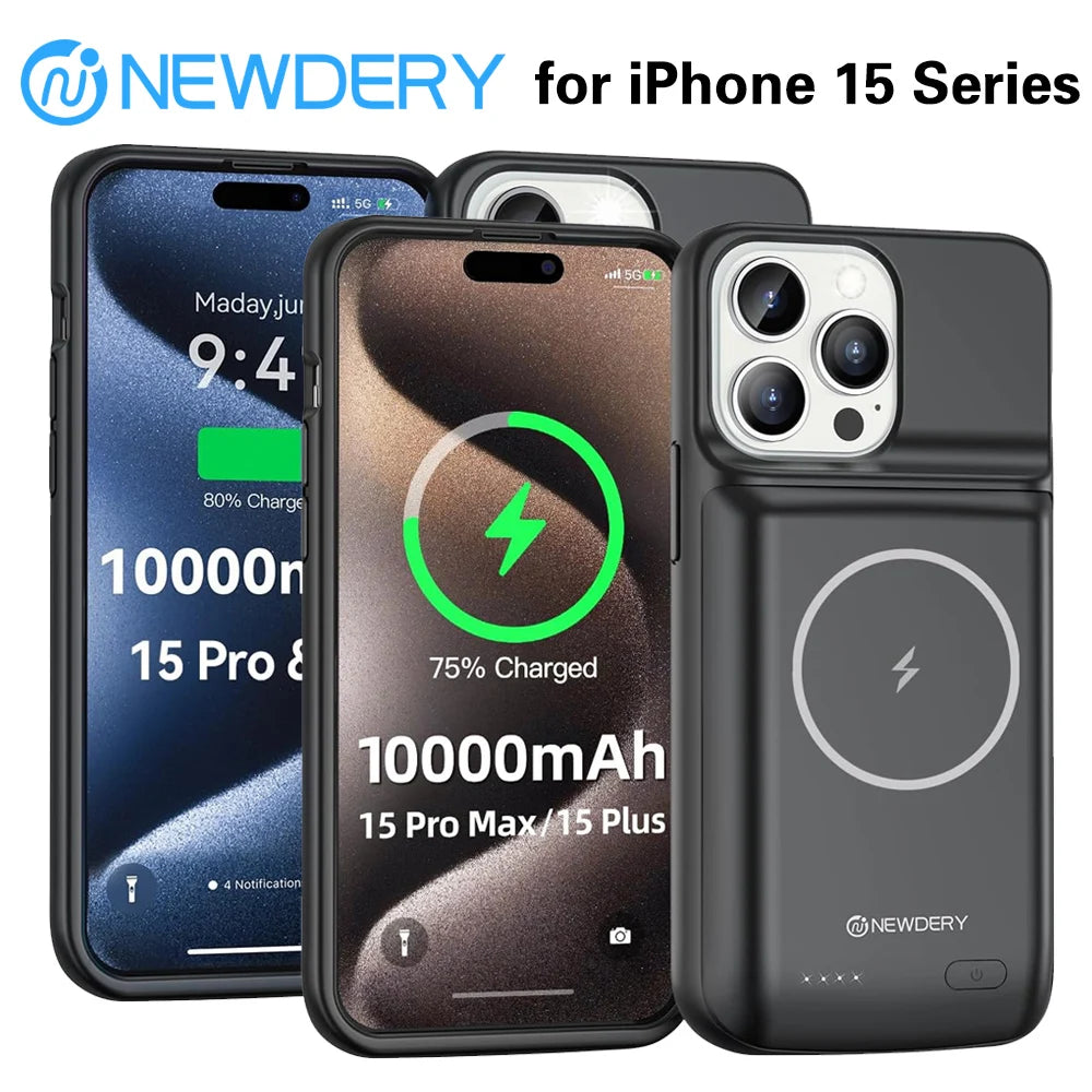 NEWDERY Battery Charger Case for iPhone 15/15 Pro/Plus/Pro Max Wireless Portable Charger Case 10000mAh Extended Battery Pack