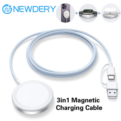 NEWDERY Cable for Apple Watch/Airpods/iPhone Fast Portable Magnet Charging Station for iPhone 16-12 Series, Mag-Safe Charger