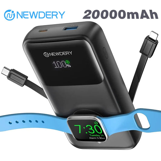 NEWDERY Travel Battery Pack 20000mAh Portable Charger for All iWatch, iPhones,Samsung Power Bank Built-in Cables Fast Charging